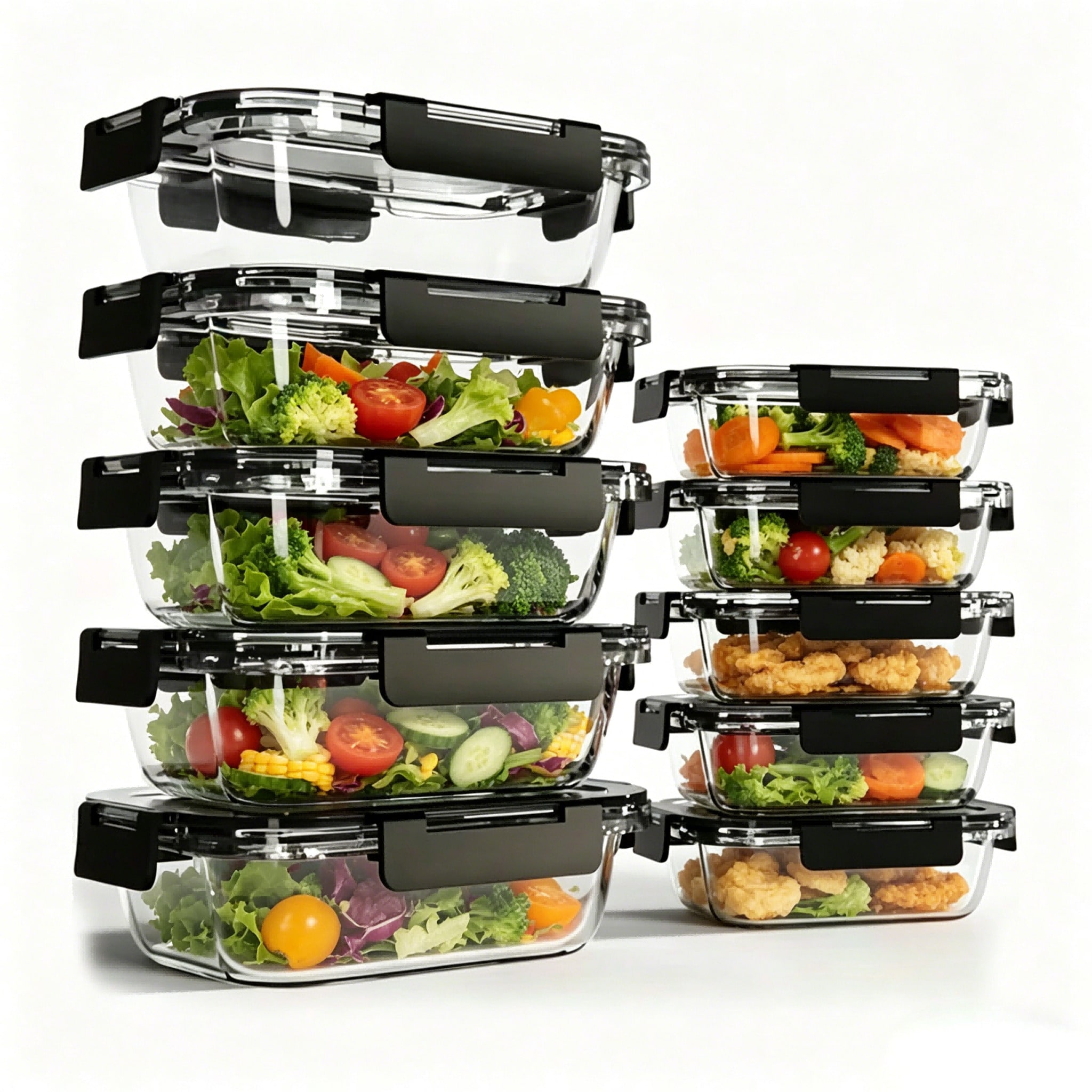 Meal Prep Glass Containers Oven Safe - ชุดกล่องแก้วสำหรับเตรียมอาหาร 10 ชิ้น กล่องเก็บอาหารแก้วบอโรซิลิเกตใสทันสมัย พร้อมฝาปิดล็อกแน่นสนิท ใช้กับไมโครเวฟได้