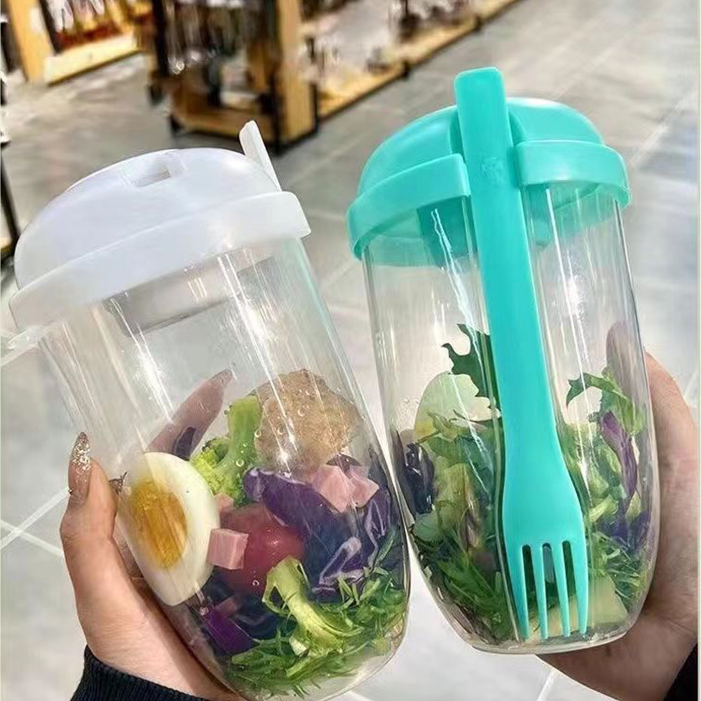 Meal Preparation - ขวดปั่นสลัดผักและผลไม้สดแบบพกพา1ชิ้นสีขาว/เขียวพร้อมส้อมชามสลัดที่ใส่สำหรับเบนโตะอาหารกลางวัน