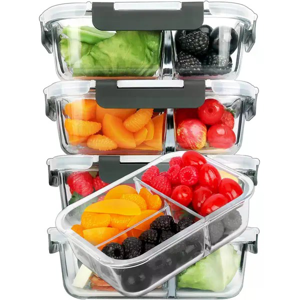 Meal Prep Glass Containers Oven Safe - ชุดกล่องแก้วบอโรซิลิเกตทรงสี่เหลี่ยมสำหรับเตรียมอาหาร 5 ชิ้น (36 ออนซ์, 8