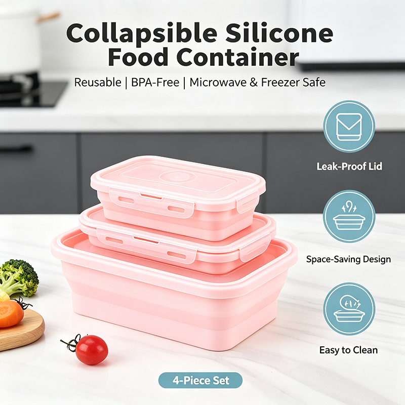 Meal Prep No Microwave - กล่องอาหารกลางวันซิลิโคนพับได้ 4 ชิ้น กล่องเก็บอาหารแบบพกพา ใช้กับไมโครเวฟได้ สำหรับการตั้งแคมป์กลางแจ้ง